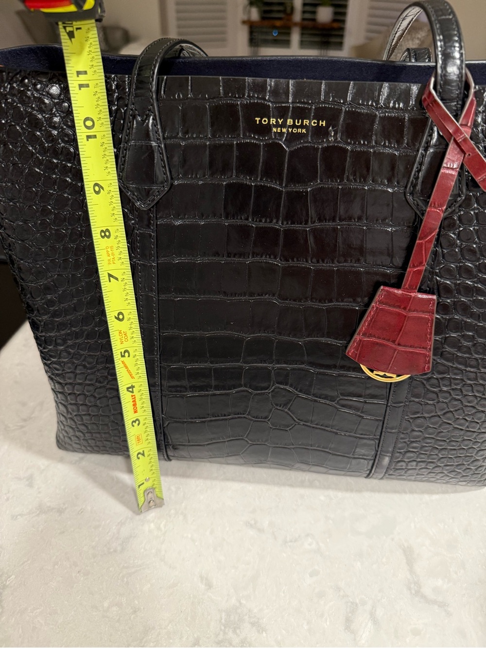 Tory Burch Perry Croc Embossed Leather Triple Compartment Tote Black - Picture 4 of 5